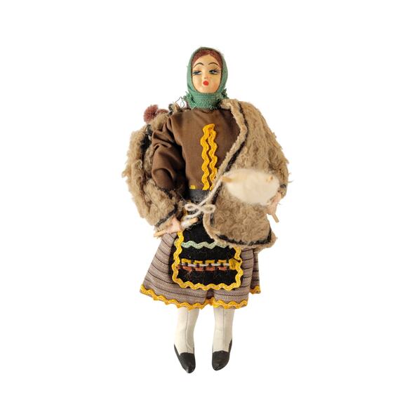 Vintage 7.5" Eastern European Folk Doll 8" Handmade Spinning Wool Costume - Picture 10 of 16